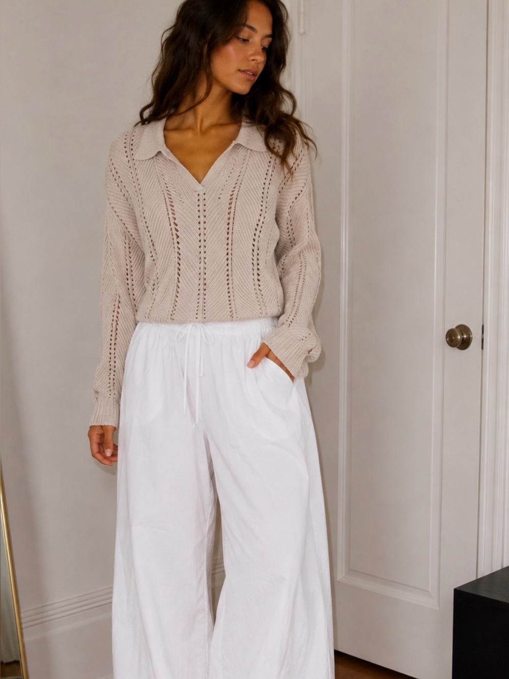 Michael Stars Beige Open-Knit V-Neck Sweater with Collared Neck